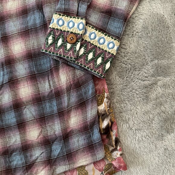 Soft Surroundings Rosebay Embroidered Velvet Floral Plaid Shirt 2X 2XL Blouse - Picture 2 of 8